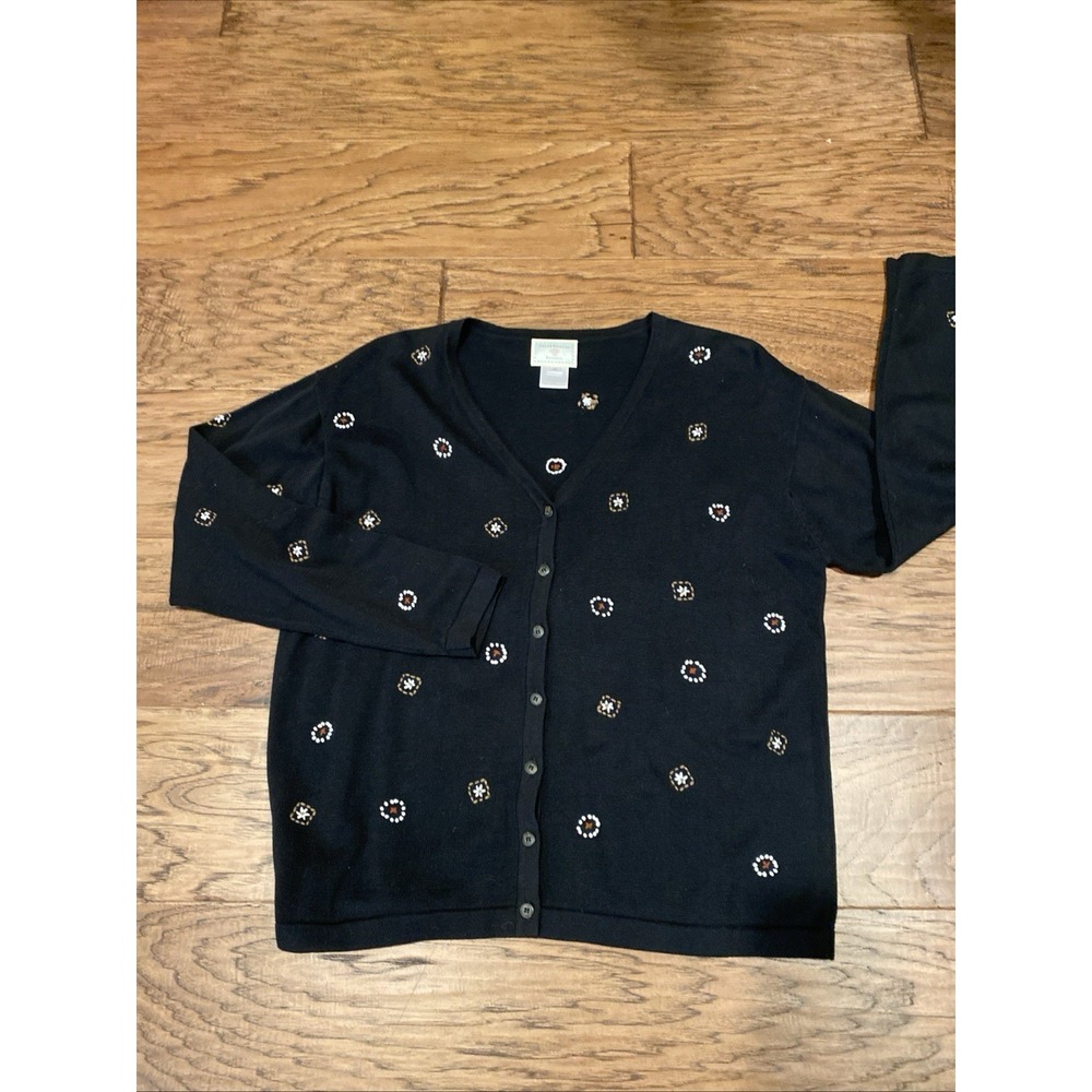 Susan Bristol Casuals Black Cardigan Sweater M Hand Embroidered Floral‎ 1997 VTG